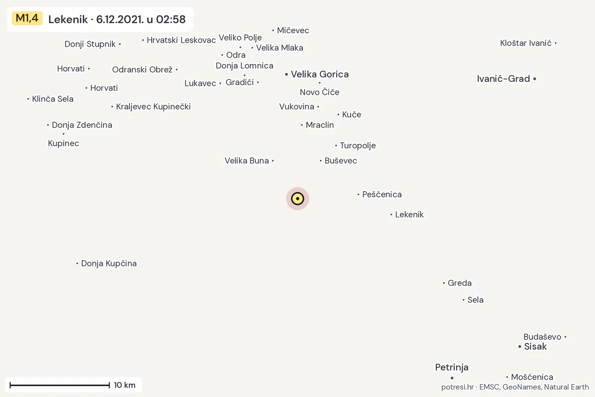 Karta: okolica epicentra, 60 km, potres M1,4, Lekenik, 6.12.2021.