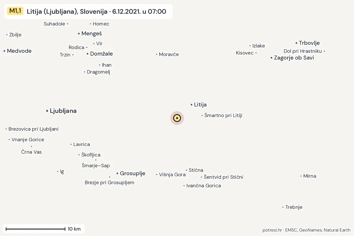 Karta: okolica epicentra, 60 km, potres M1,1, Litija (Ljubljana), Slovenija, 6.12.2021.