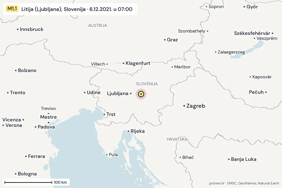 Karta: šire područje, 600 km, potres M1,1, Litija (Ljubljana), Slovenija, 6.12.2021.