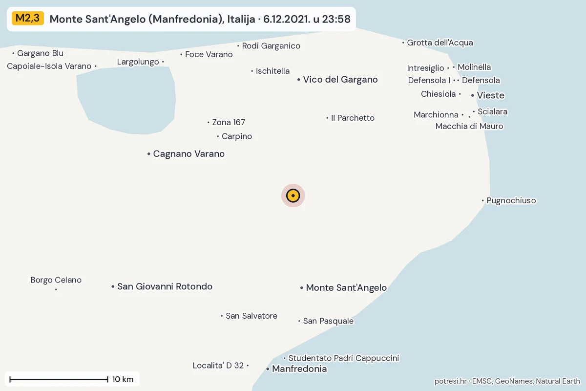 Karta: okolica epicentra, 60 km, potres M2,3, Monte Sant'Angelo (Manfredonia), Italija, 6.12.2021.
