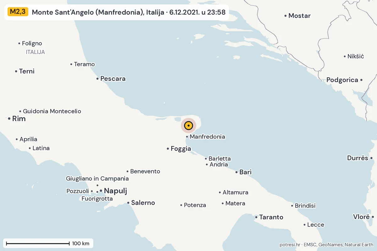 Karta: šire područje, 600 km, potres M2,3, Monte Sant'Angelo (Manfredonia), Italija, 6.12.2021.
