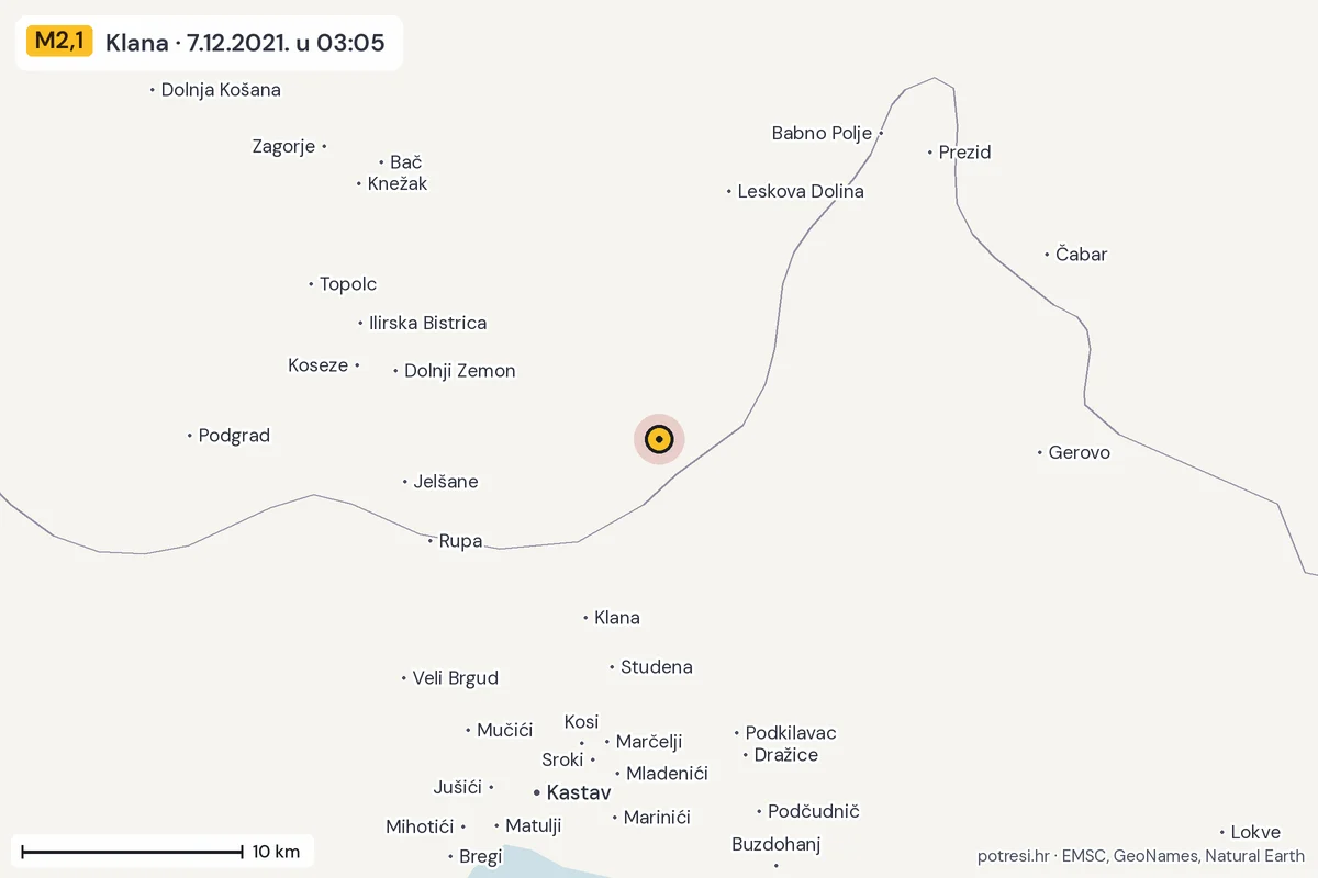 Karta: okolica epicentra, 60 km, potres M2,1, Klana, 7.12.2021.