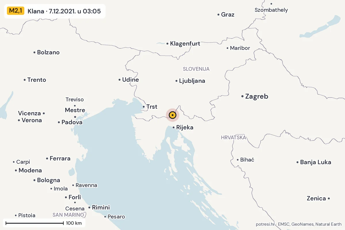 Karta: šire područje, 600 km, potres M2,1, Klana, 7.12.2021.