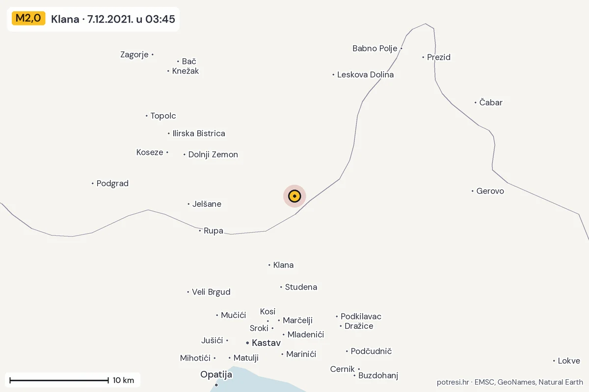 Karta: okolica epicentra, 60 km, potres M2,0, Klana, 7.12.2021.