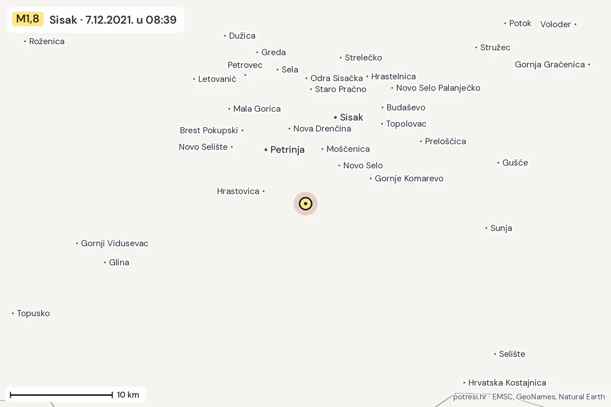 Karta: okolica epicentra, 60 km, potres M1,8, Sisak, 7.12.2021.