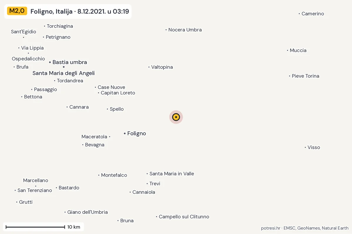 Karta: okolica epicentra, 60 km, potres M2,0, Foligno, Italija, 8.12.2021.