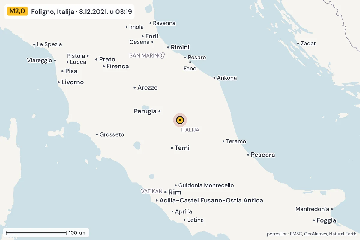 Karta: šire područje, 600 km, potres M2,0, Foligno, Italija, 8.12.2021.