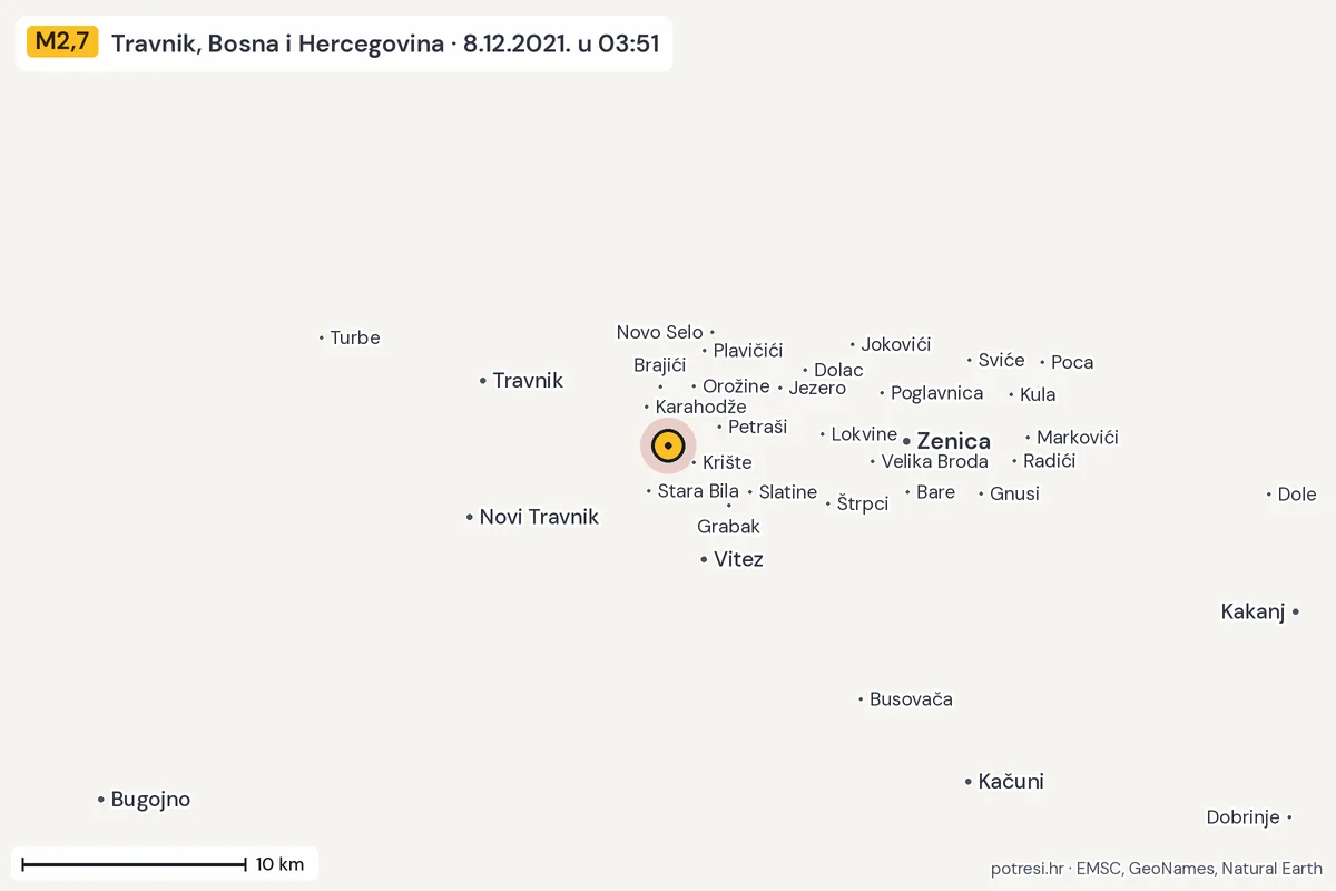 Karta: okolica epicentra, 60 km, potres M2,7, Travnik, Bosna i Hercegovina, 8.12.2021.