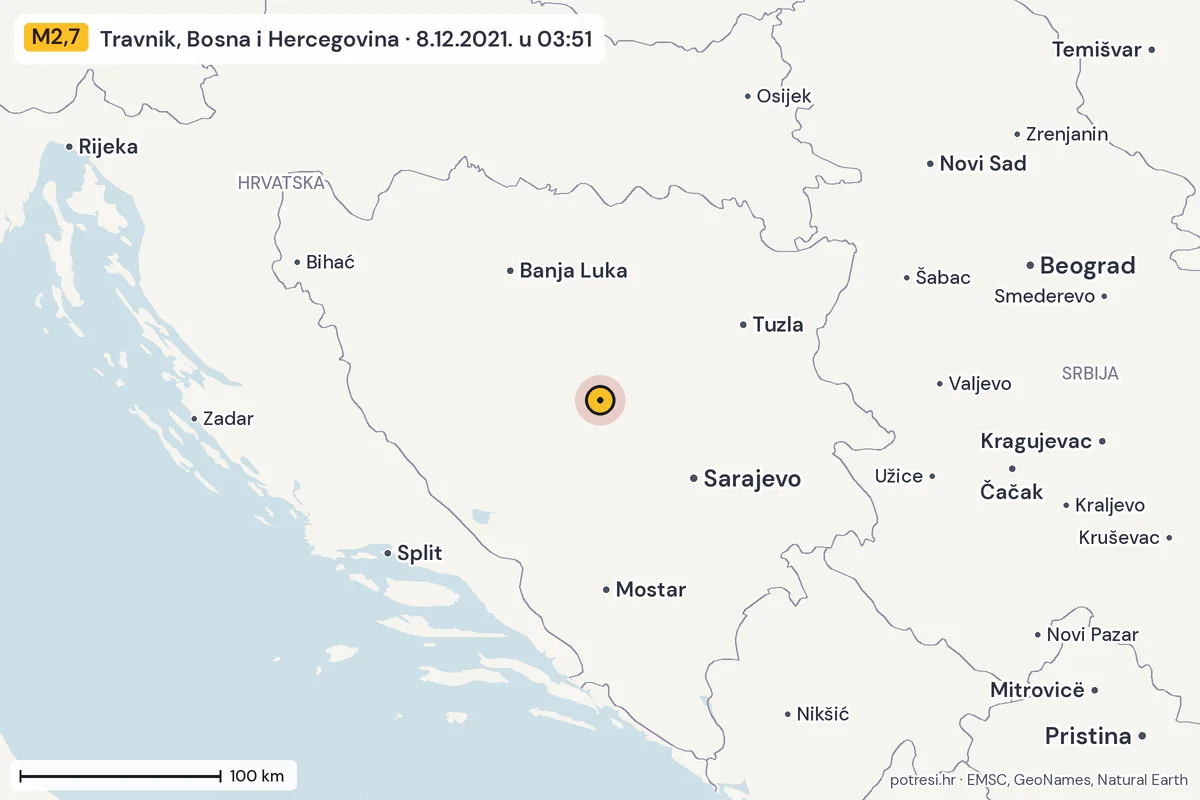 Karta: šire područje, 600 km, potres M2,7, Travnik, Bosna i Hercegovina, 8.12.2021.