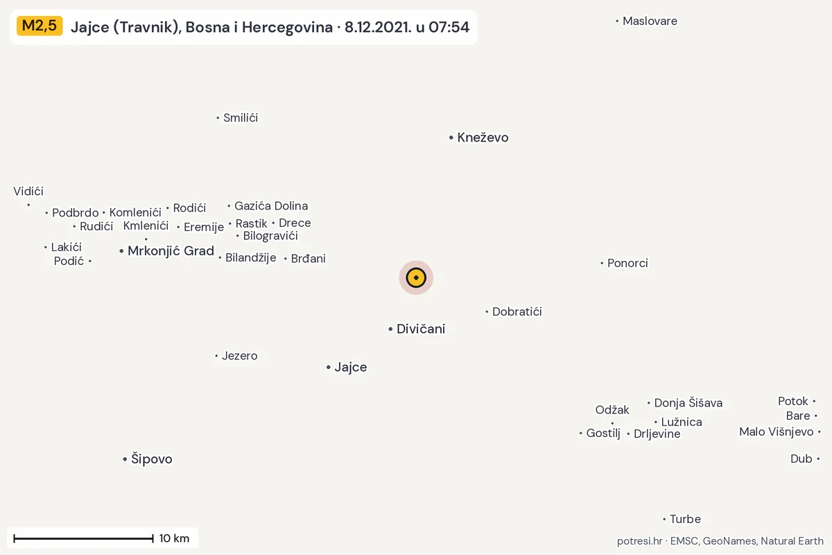 Karta: okolica epicentra, 60 km, potres M2,5, Jajce (Travnik), Bosna i Hercegovina, 8.12.2021.