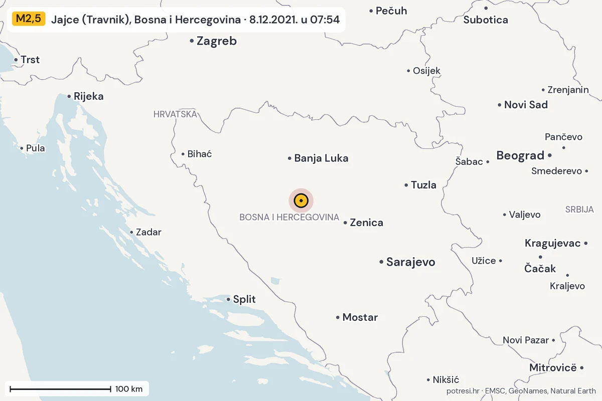 Karta: šire područje, 600 km, potres M2,5, Jajce (Travnik), Bosna i Hercegovina, 8.12.2021.