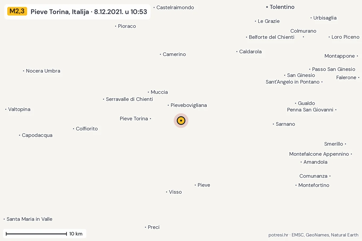 Karta: okolica epicentra, 60 km, potres M2,3, Pieve Torina, Italija, 8.12.2021.