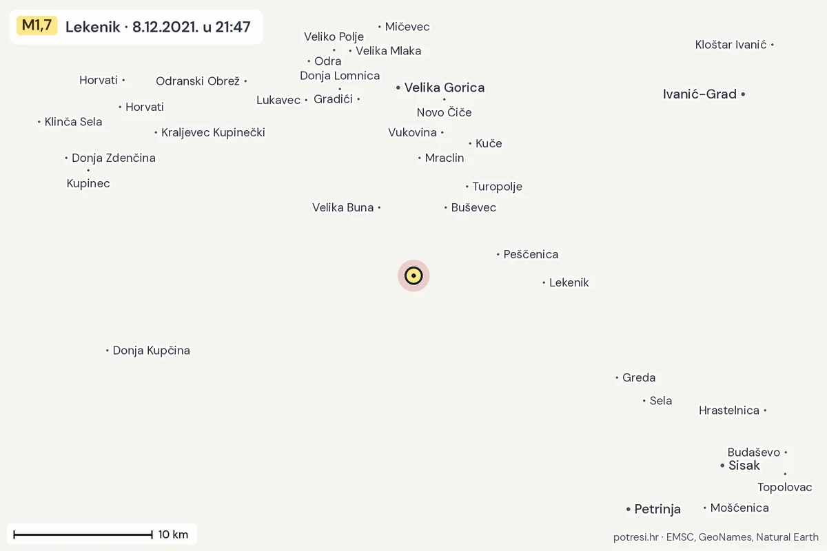 Karta: okolica epicentra, 60 km, potres M1,7, Lekenik, 8.12.2021.