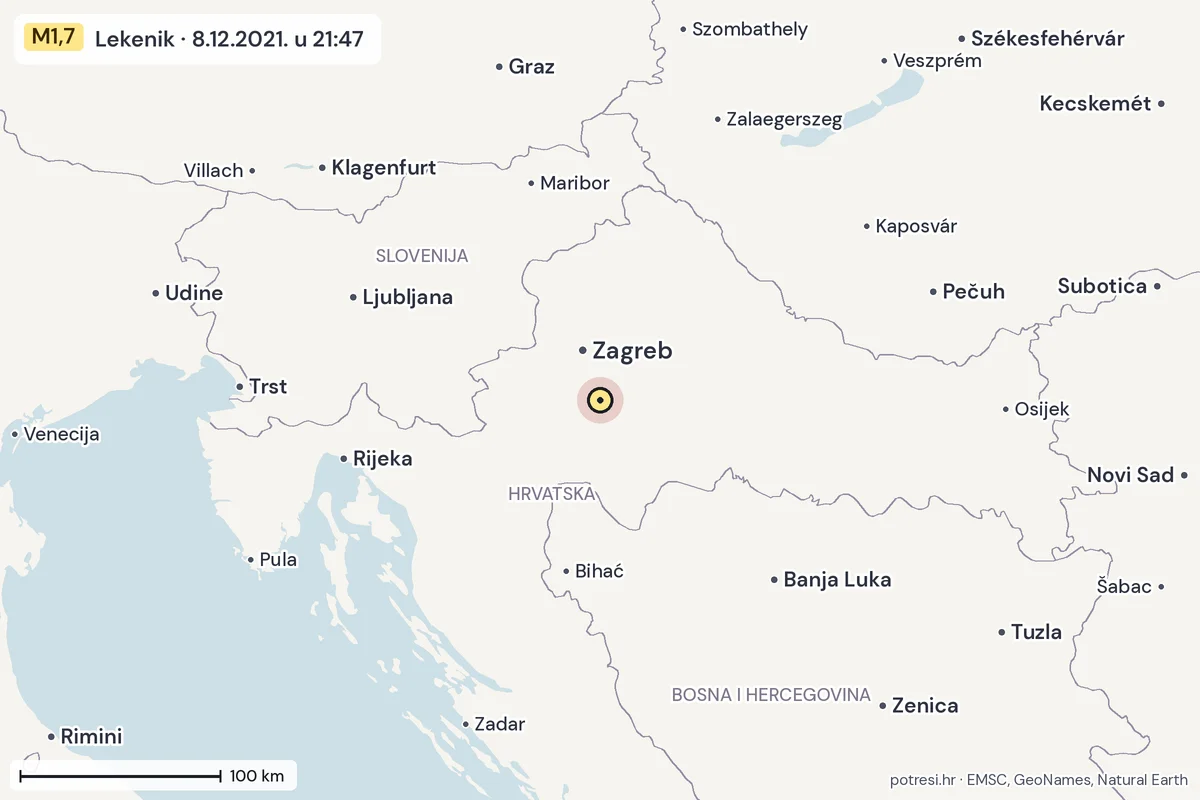 Karta: šire područje, 600 km, potres M1,7, Lekenik, 8.12.2021.