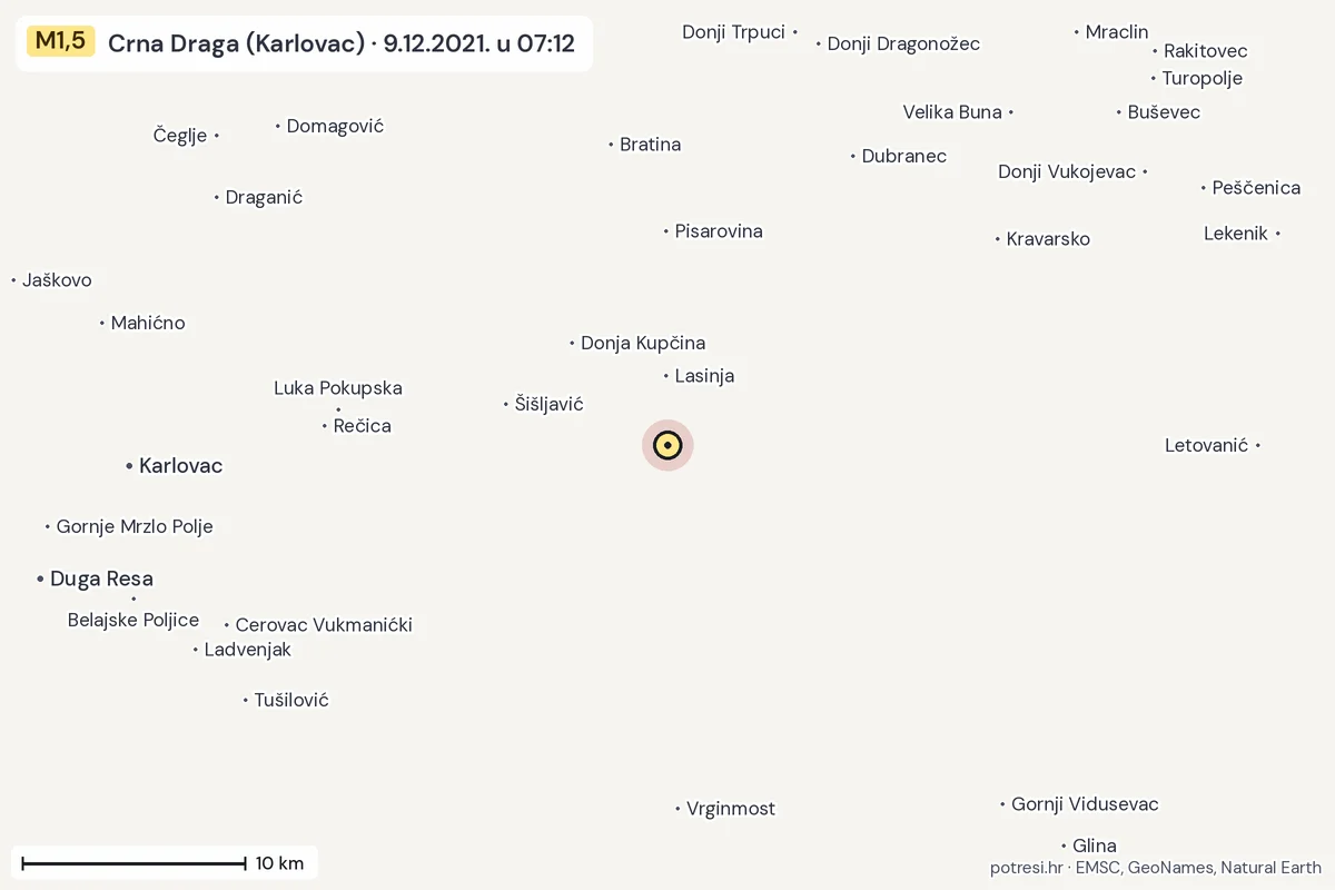 Karta: okolica epicentra, 60 km, potres M1,5, Crna Draga (Karlovac), 9.12.2021.