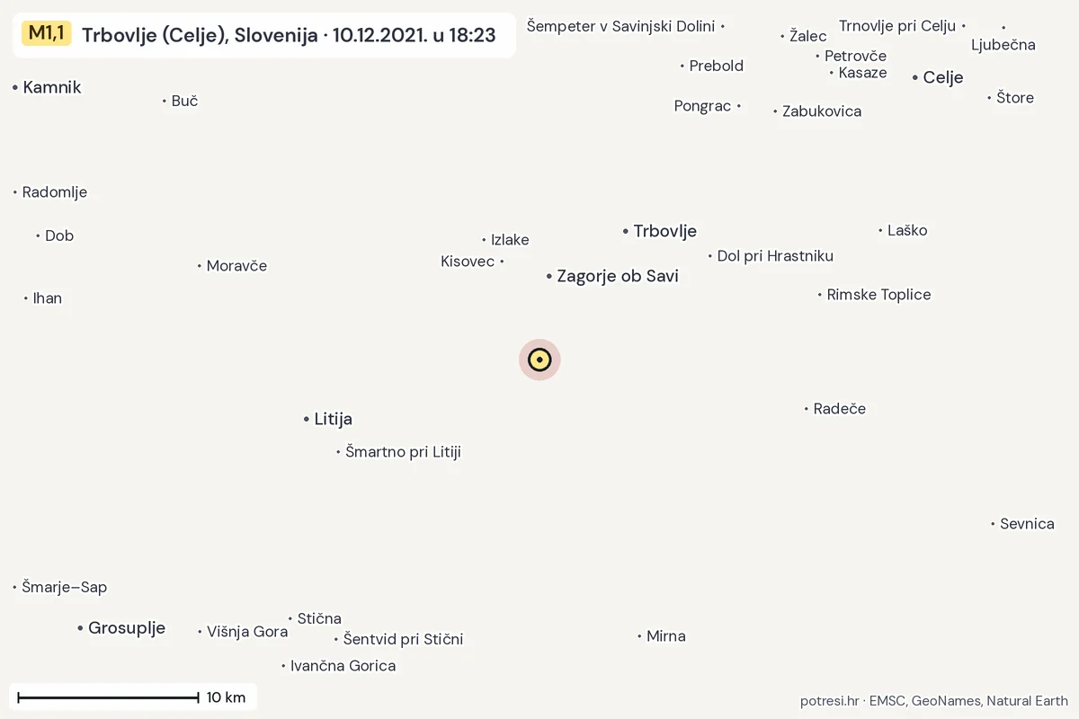Karta: okolica epicentra, 60 km, potres M1,1, Trbovlje (Celje), Slovenija, 10.12.2021.