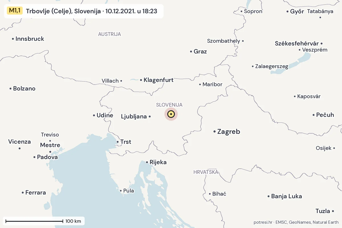 Karta: šire područje, 600 km, potres M1,1, Trbovlje (Celje), Slovenija, 10.12.2021.