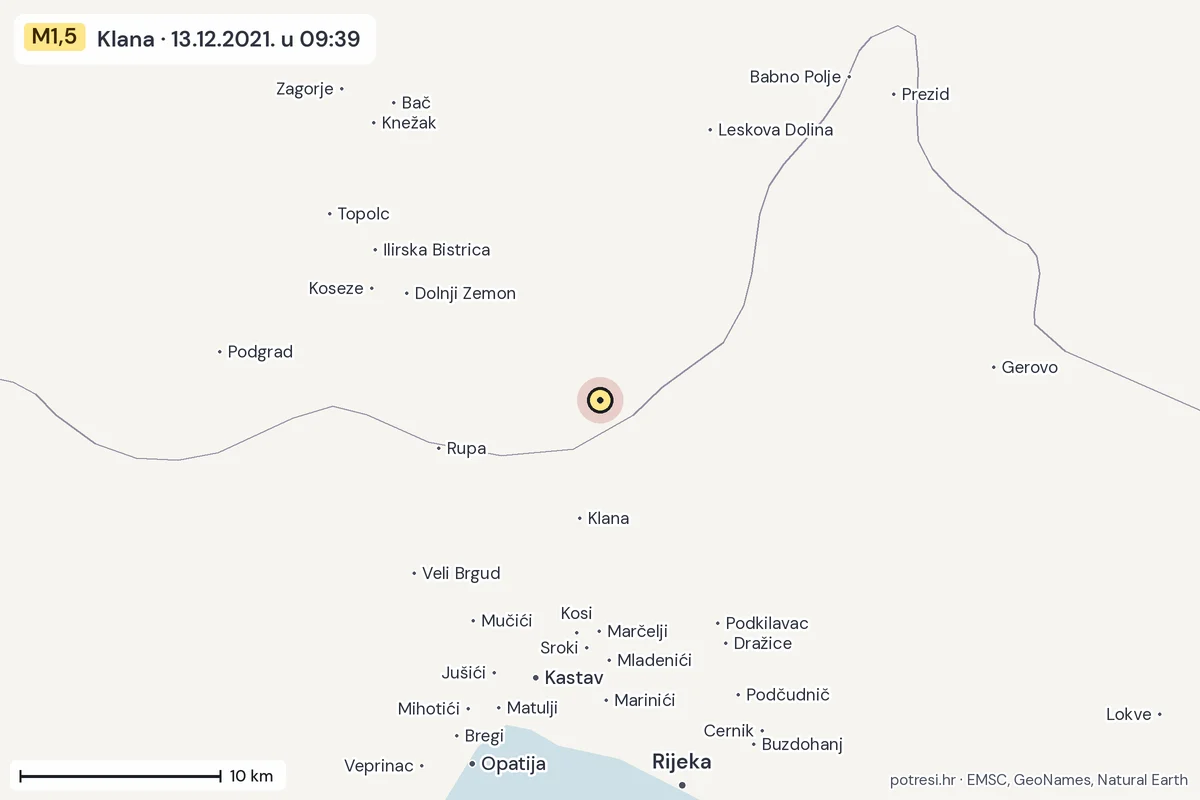 Karta: okolica epicentra, 60 km, potres M1,5, Klana, 13.12.2021.