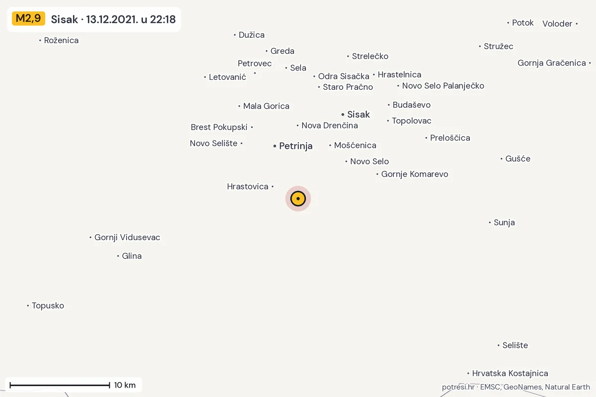 Karta: okolica epicentra, 60 km, potres M2,9, Sisak, 13.12.2021.
