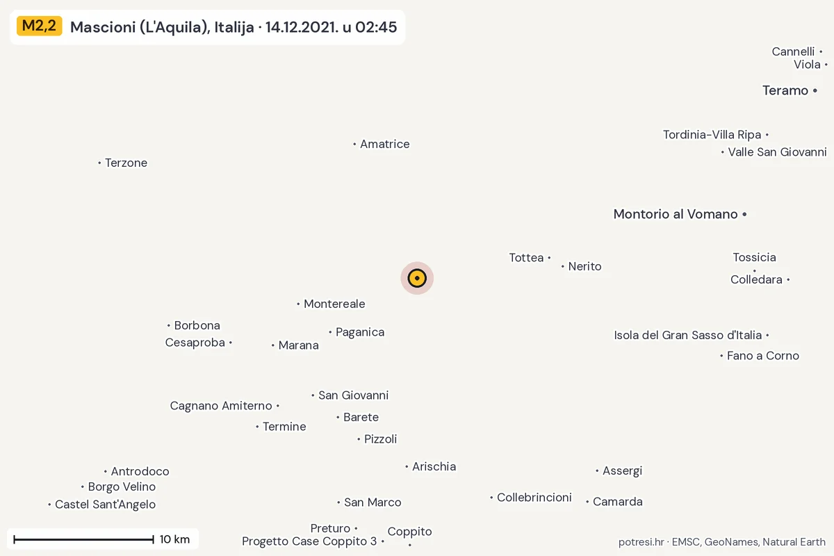 Karta: okolica epicentra, 60 km, potres M2,2, Mascioni (L'Aquila), Italija, 14.12.2021.