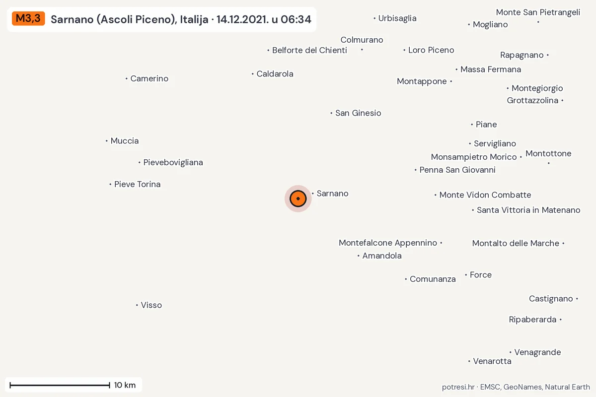 Karta: okolica epicentra, 60 km, potres M3,3, Sarnano (Ascoli Piceno), Italija, 14.12.2021.