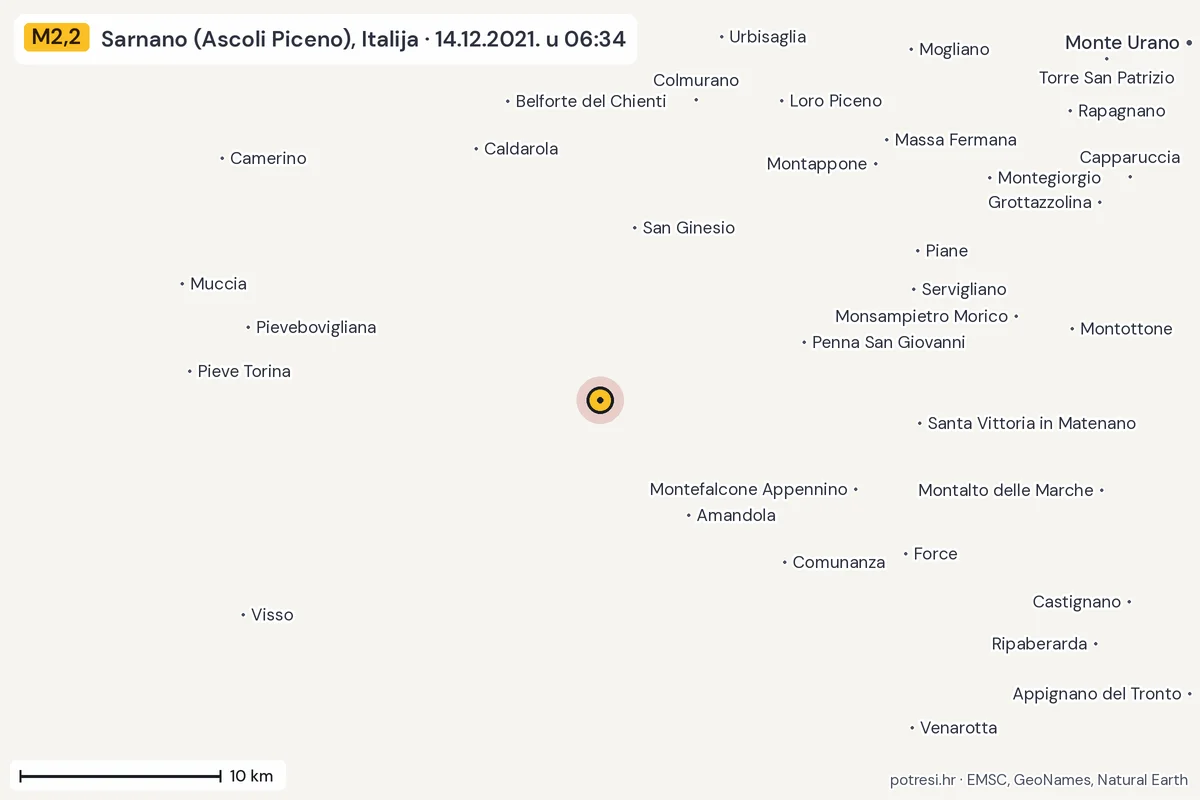 Karta: okolica epicentra, 60 km, potres M2,2, Sarnano (Ascoli Piceno), Italija, 14.12.2021.