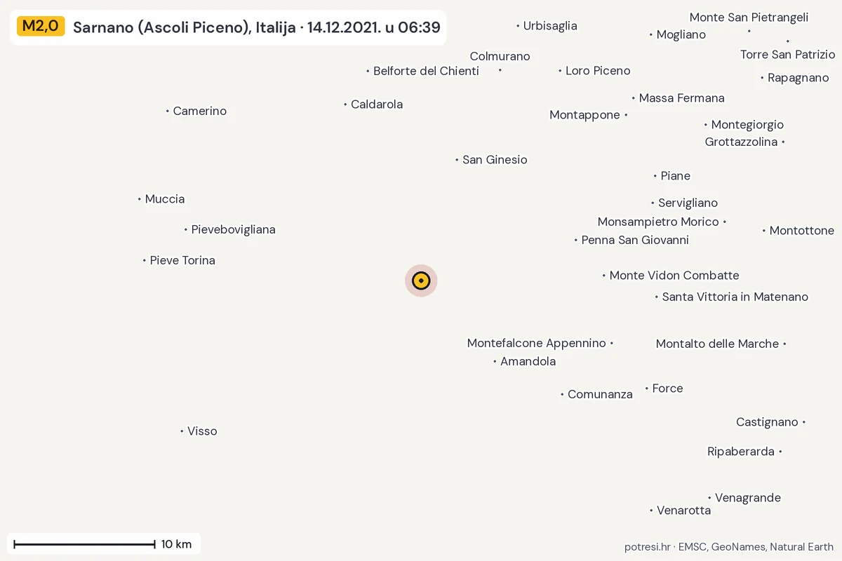 Karta: okolica epicentra, 60 km, potres M2,0, Sarnano (Ascoli Piceno), Italija, 14.12.2021.