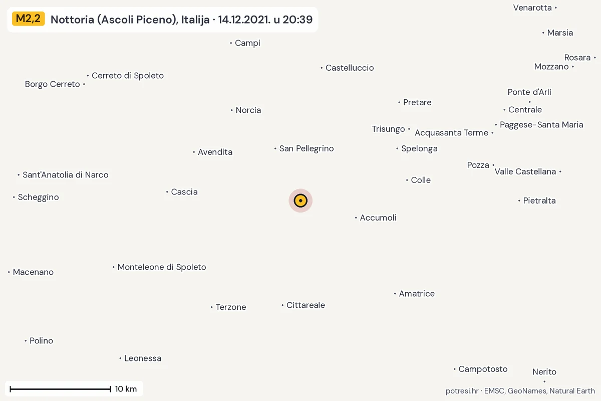 Karta: okolica epicentra, 60 km, potres M2,2, Nottoria (Ascoli Piceno), Italija, 14.12.2021.
