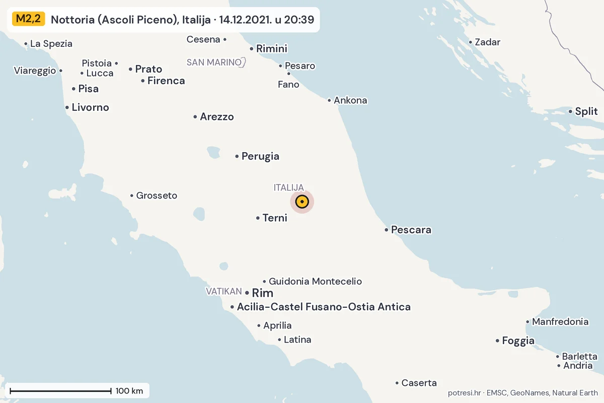 Karta: šire područje, 600 km, potres M2,2, Nottoria (Ascoli Piceno), Italija, 14.12.2021.