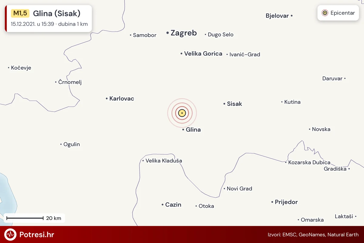 Karta: šire područje i vjerojatni doseg osjeta, potres M1,5, Glina (Sisak), 15.12.2021.