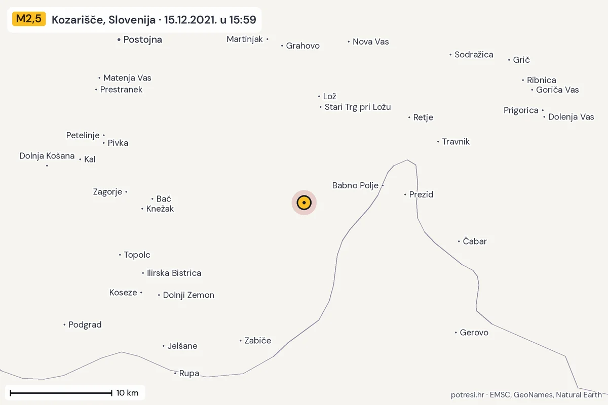 Karta: okolica epicentra, 60 km, potres M2,5, Kozarišče, Slovenija, 15.12.2021.