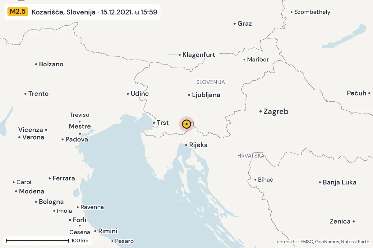 Karta: šire područje, 600 km, potres M2,5, Kozarišče, Slovenija, 15.12.2021.