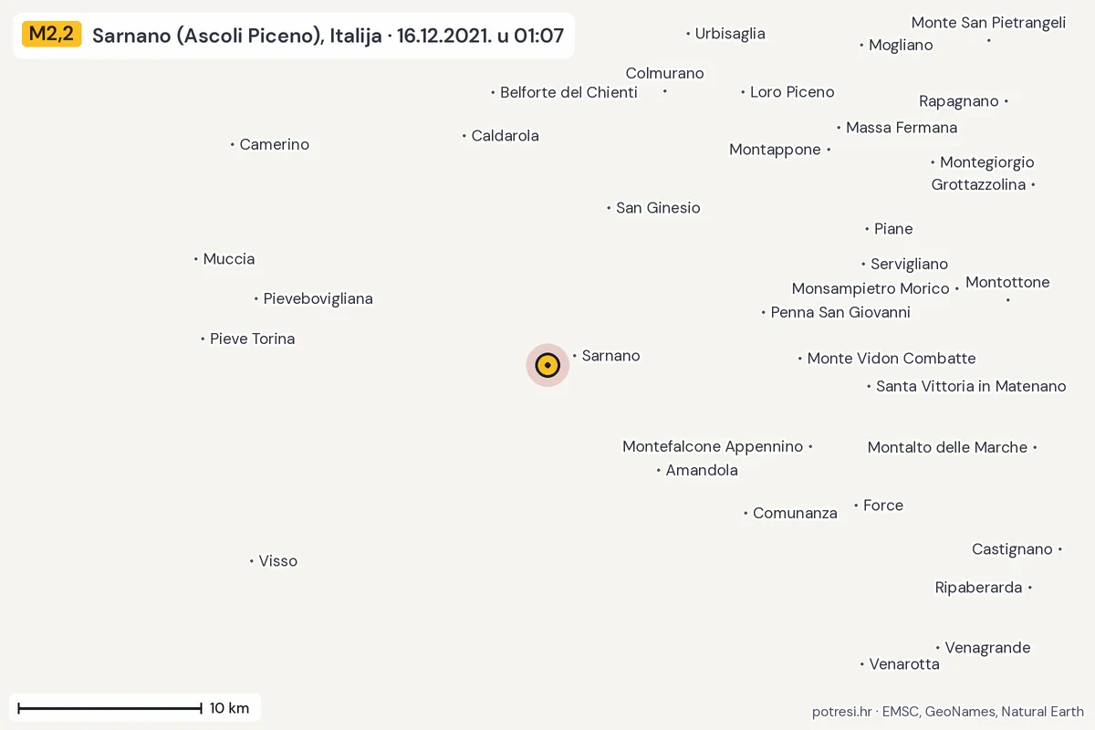 Karta: okolica epicentra, 60 km, potres M2,2, Sarnano (Ascoli Piceno), Italija, 16.12.2021.