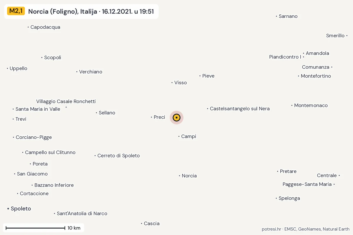 Karta: okolica epicentra, 60 km, potres M2,1, Norcia (Foligno), Italija, 16.12.2021.
