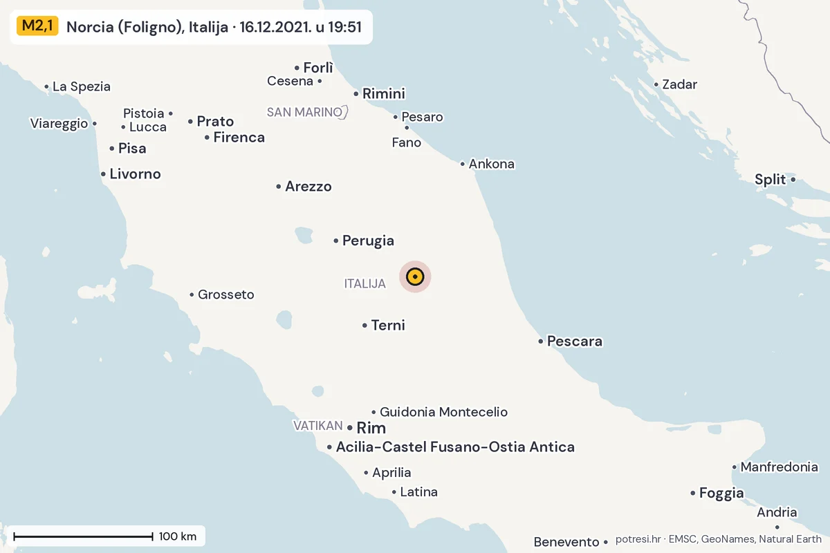 Karta: šire područje, 600 km, potres M2,1, Norcia (Foligno), Italija, 16.12.2021.
