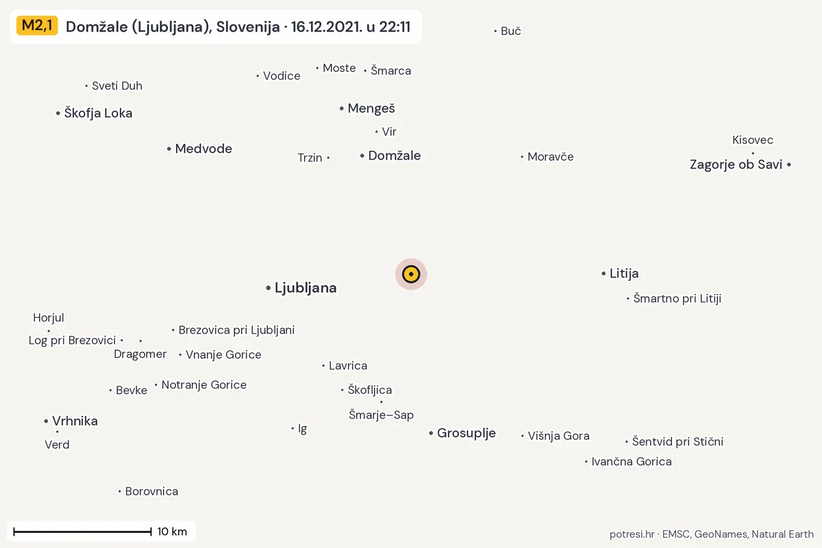 Karta: okolica epicentra, 60 km, potres M2,1, Domžale (Ljubljana), Slovenija, 16.12.2021.