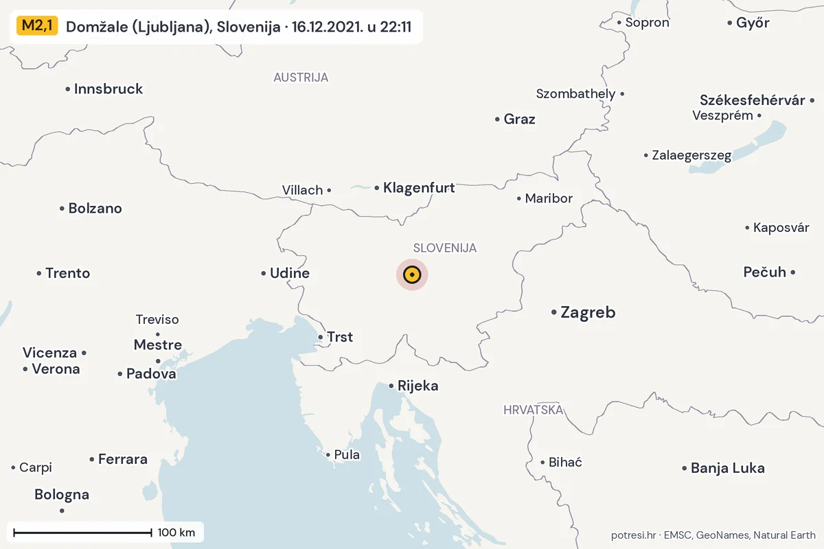 Karta: šire područje, 600 km, potres M2,1, Domžale (Ljubljana), Slovenija, 16.12.2021.