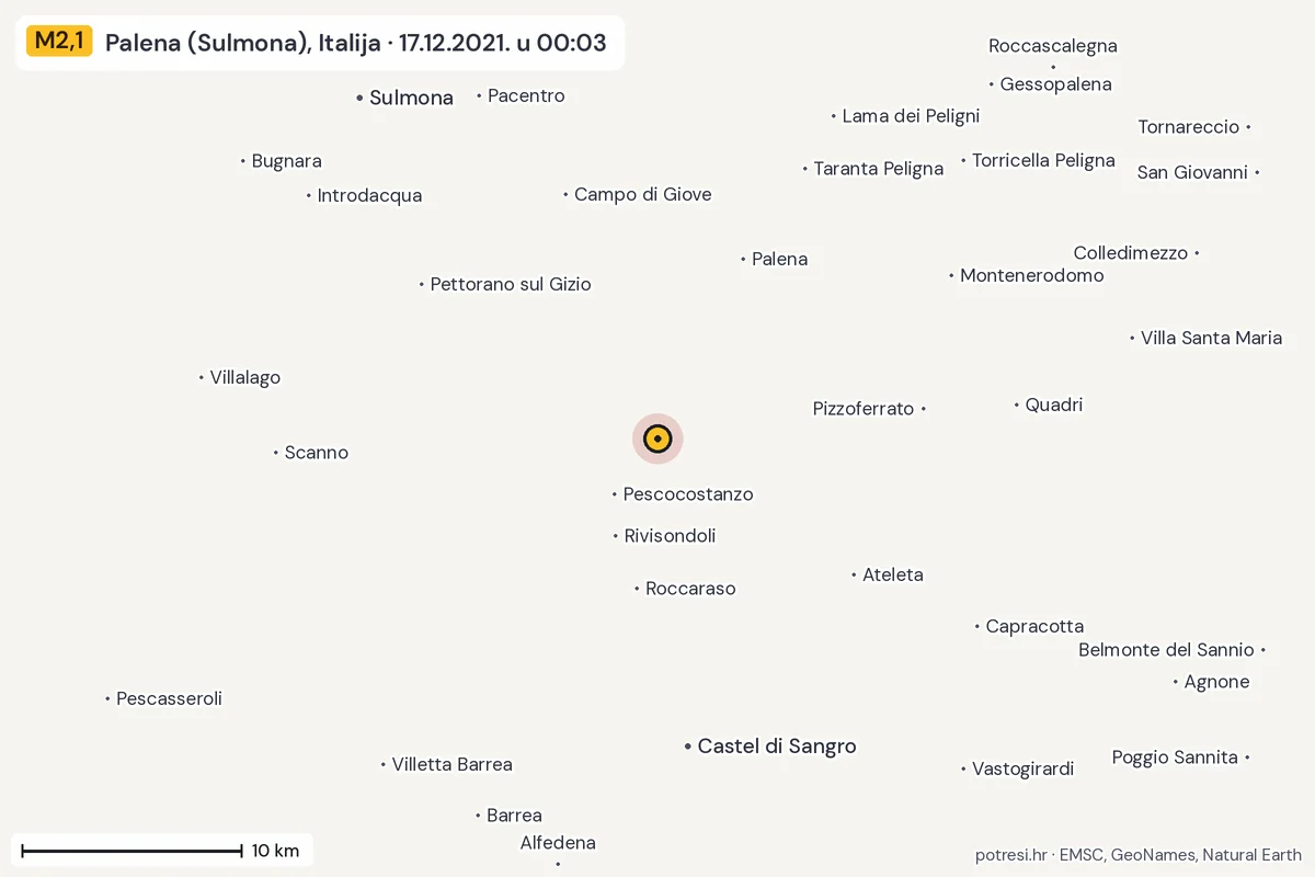 Karta: okolica epicentra, 60 km, potres M2,1, Palena (Sulmona), Italija, 17.12.2021.