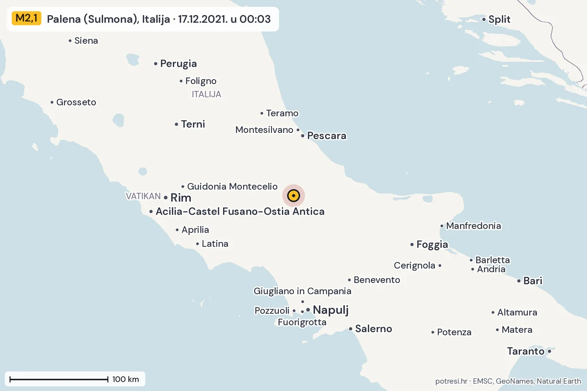 Karta: šire područje, 600 km, potres M2,1, Palena (Sulmona), Italija, 17.12.2021.