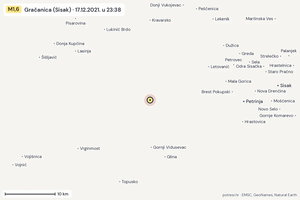 Karta: okolica epicentra, 60 km, potres M1,6, Gračanica (Sisak), 17.12.2021.