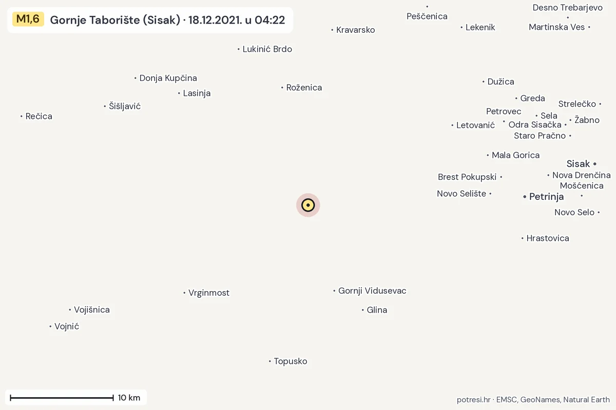 Karta: okolica epicentra, 60 km, potres M1,6, Gornje Taborište (Sisak), 18.12.2021.