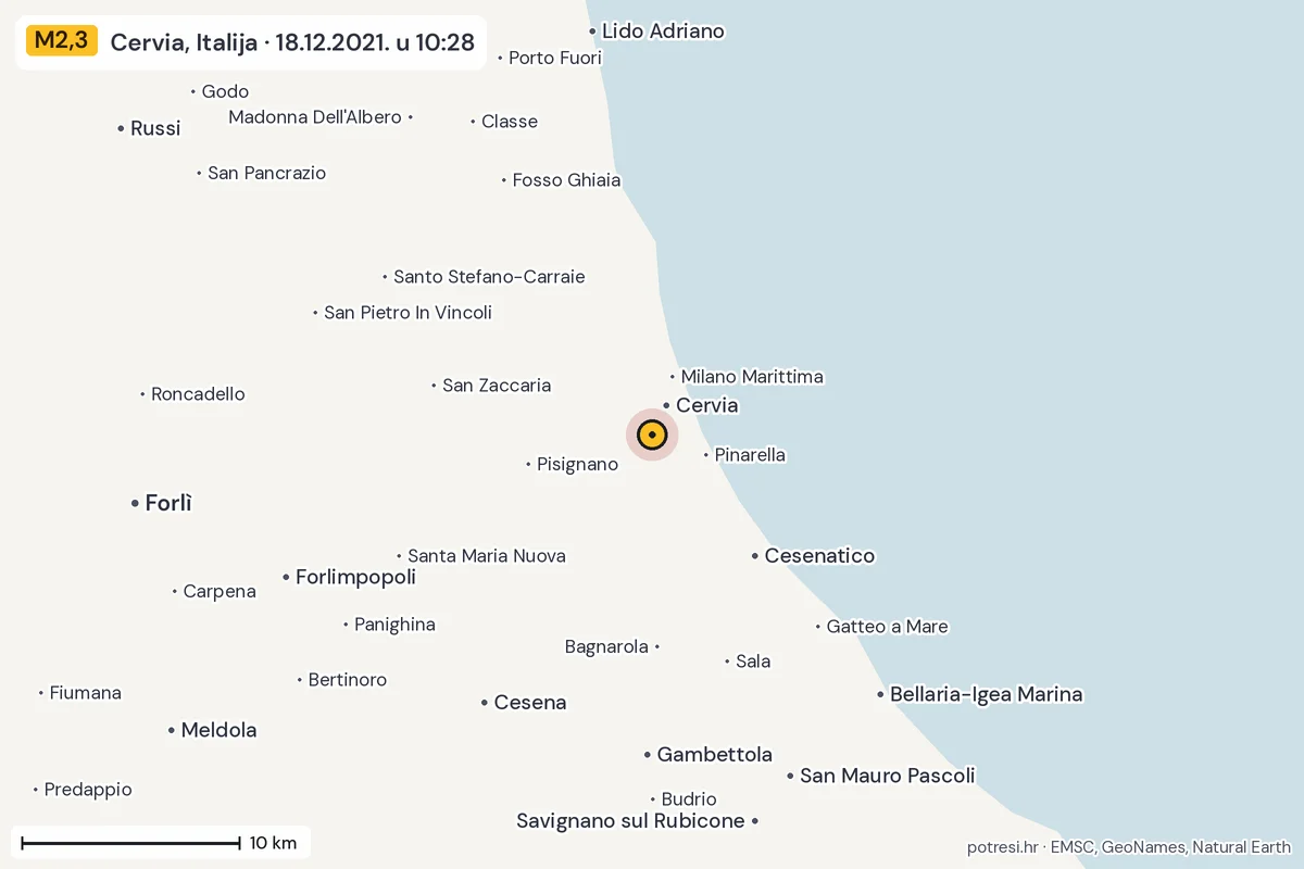 Karta: okolica epicentra, 60 km, potres M2,3, Cervia, Italija, 18.12.2021.