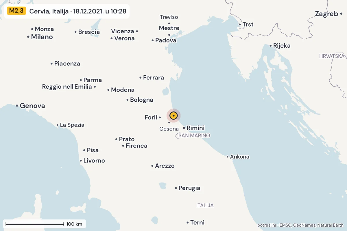 Karta: šire područje, 600 km, potres M2,3, Cervia, Italija, 18.12.2021.