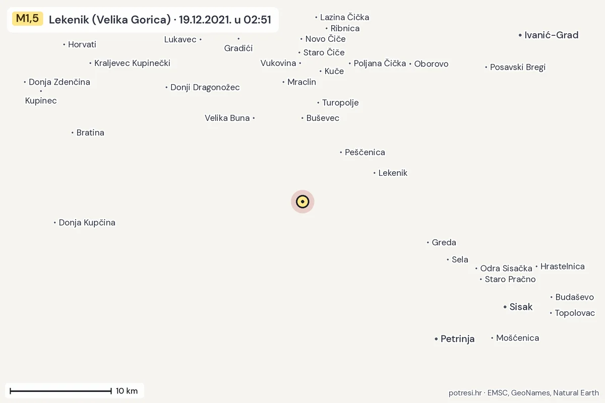 Karta: okolica epicentra, 60 km, potres M1,5, Lekenik (Velika Gorica), 19.12.2021.