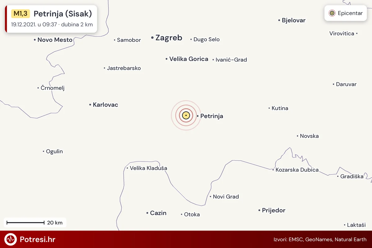 Karta: šire područje i vjerojatni doseg osjeta, potres M1,3, Petrinja (Sisak), 19.12.2021.