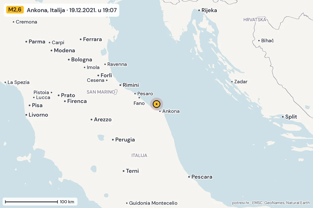Karta: šire područje, 600 km, potres M2,6, Ankona, Italija, 19.12.2021.