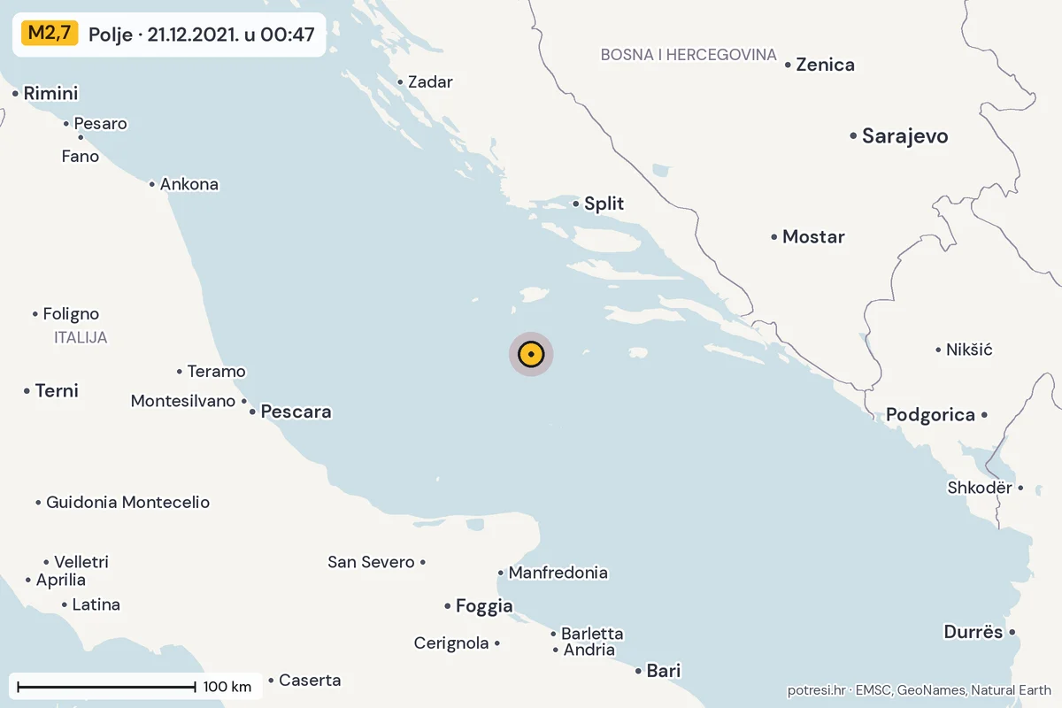 Karta: šire područje, 600 km, potres M2,7, Polje, 21.12.2021.