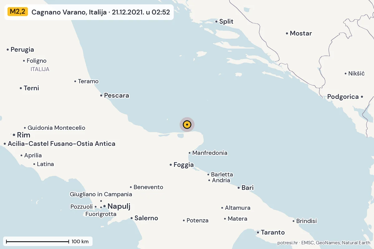 Karta: šire područje, 600 km, potres M2,2, Cagnano Varano, Italija, 21.12.2021.