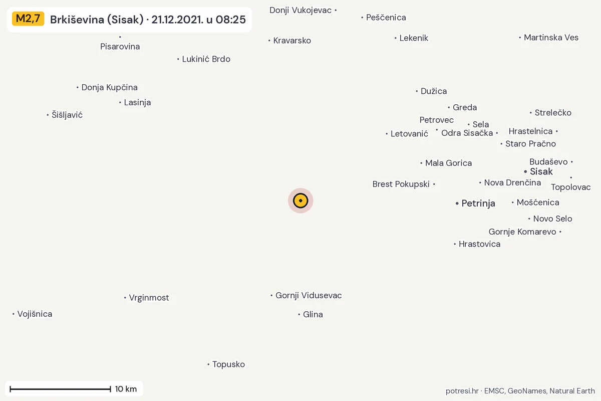 Karta: okolica epicentra, 60 km, potres M2,7, Brkiševina (Sisak), 21.12.2021.