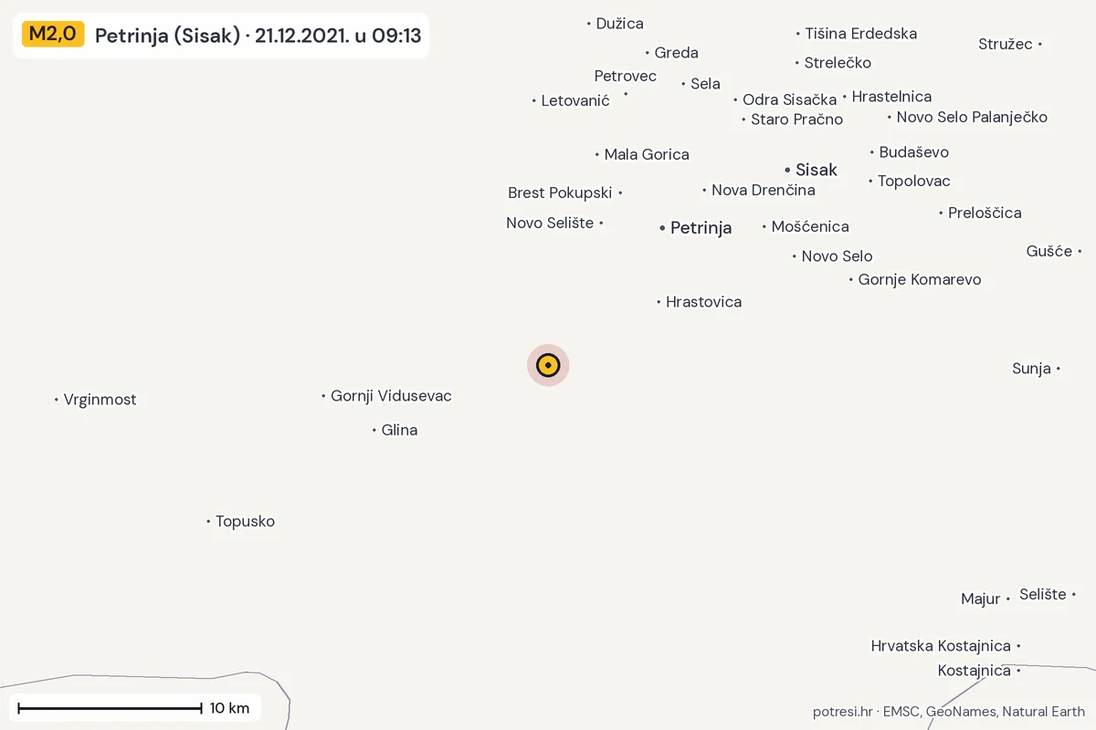 Karta: okolica epicentra, 60 km, potres M2,0, Petrinja (Sisak), 21.12.2021.